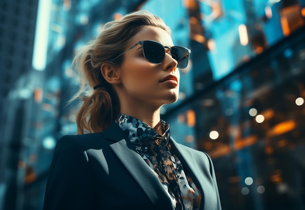 A Double Exposure of a Business women in the Cityscape Embodies Success and Future Plans realistic