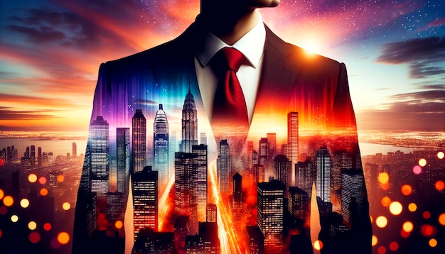 Double exposure of businessman on abstract city background Success concept Generative AI