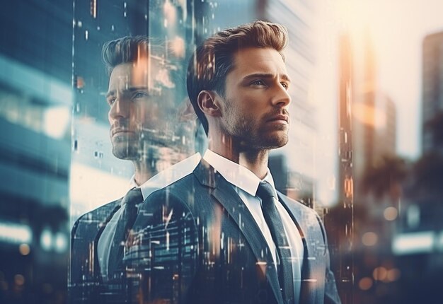 A Double Exposure of a Businessman in the Cityscape Embodies Success and Future Plans