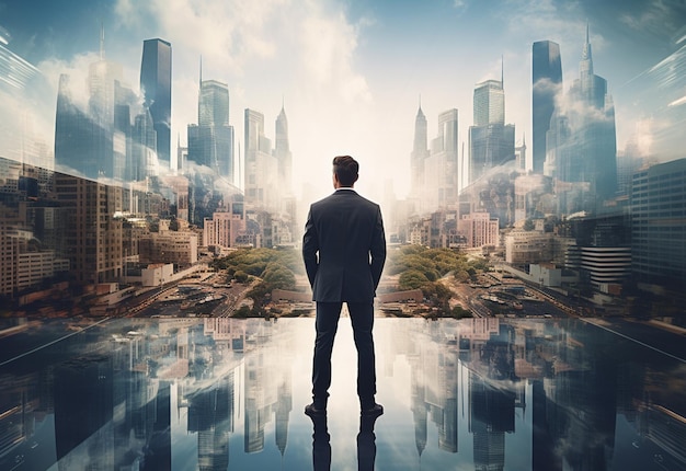 A Double Exposure of a Businessman in the Cityscape Embodies Success and Future Plans