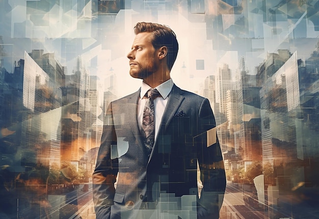 A Double Exposure of a Businessman in the Cityscape Embodies Success and Future Plans