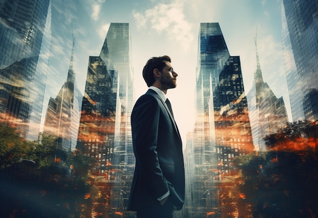 A Double Exposure of a Businessman in the Cityscape Embodies Success and Future Plans