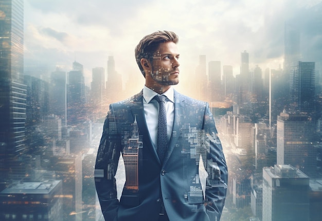 A Double Exposure of a Businessman in the Cityscape Embodies Success and Future Plans