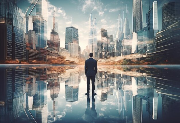 A Double Exposure of a Businessman in the Cityscape Embodies Success and Future Plans