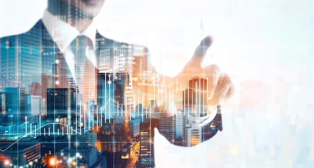 ビジネスマンが仮想画面と相互作用し株式市場のグラフと都市のスカイラインを表示するビジネステクノロジー 金融コンセプト