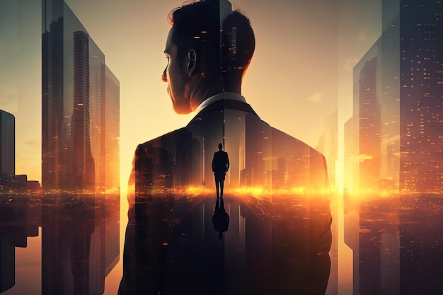 Double exposure businessman standing against modern city background AI