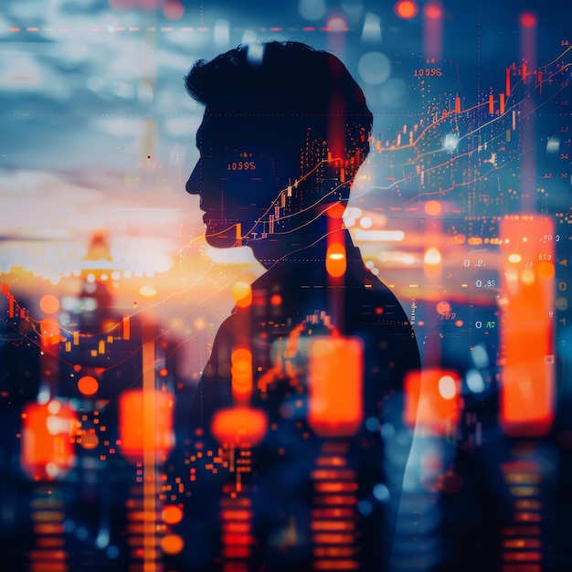 Double exposure of a businessman with financial stock trading chart generative ai