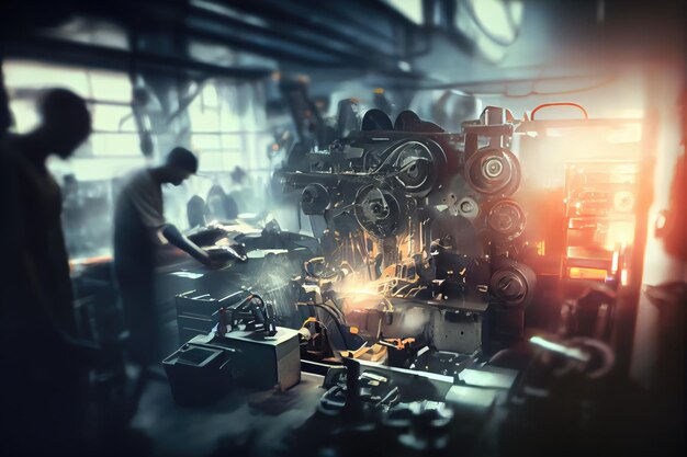 Double exposure of busy mechanic workshop with tools and parts in blur created with generative ai