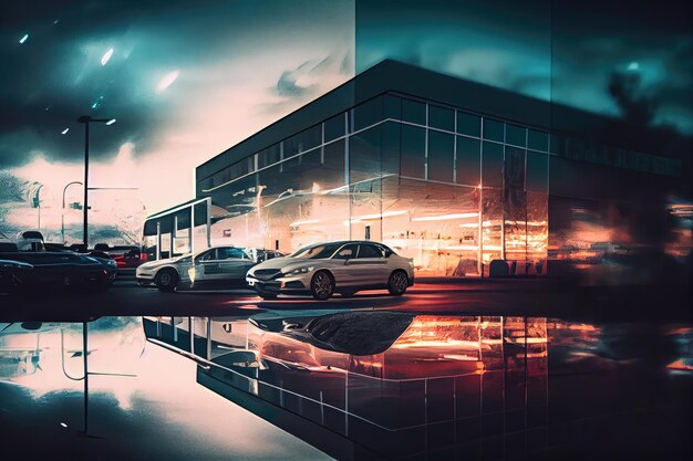 Double exposure of car showroom with reflections and lights created with generative ai