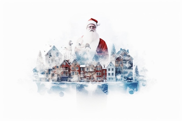 写真 サンタクロースと美しいクリスマスの装飾村のダブルエクスポージャー漫画