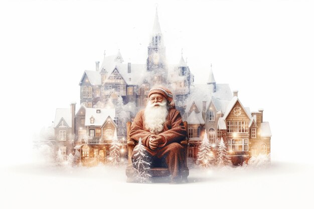 double exposure cartoon of santa claus and the beautiful christmas decorative village