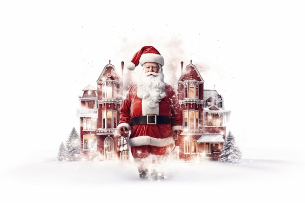 Двойная экспозиция мультфильма Санта-Клауса и красивой рождественской декоративной деревни