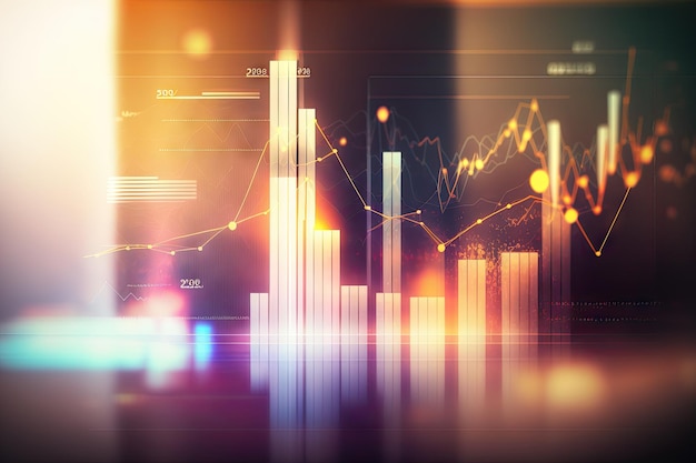 Double exposure chart graph of financial investments on blurry abstract background