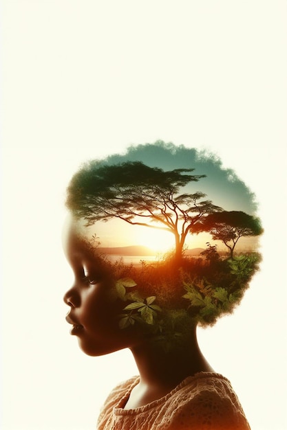 Double Exposure Child Girl Head Silhouette with Summer Nature