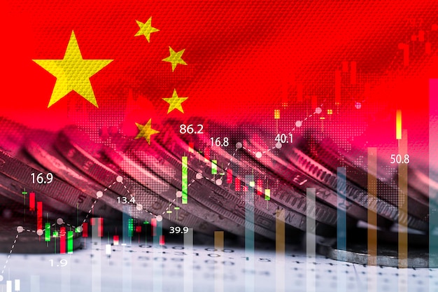 Double exposure of China flag on coins stacking and stock market graph chart It is symbol of china high growth economy and investment technology concept