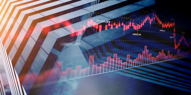 Double exposure of cityscape and financial graph chart, network on blurred building background. Global financial markets concept. Mixed media