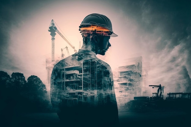 Double exposure Civil engineer architect or builder working with civil equipment Generative AI