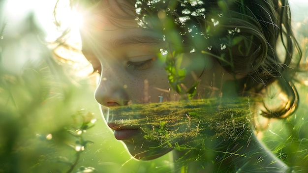 写真 double exposure closeup of a sad boy with a green field to symbolize the impact of climate change concept climate change double exposure symbolism sad boy green field