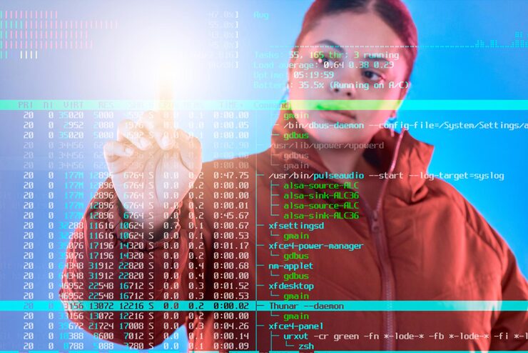 Photo double exposure code or woman hacker coding phishing or typing on cybersecurity database online big data programmer light or girl hacking for digital transformation on ai cloud computing website