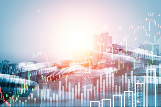 Double exposure of coin stacking and cityscape with stock market graph chart for financial business investment to get profit dividend and benefit concept