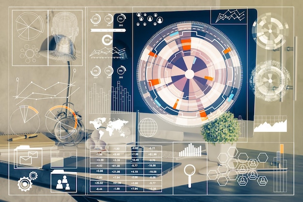 double exposure of computer and technology theme hologram concept of freelance work