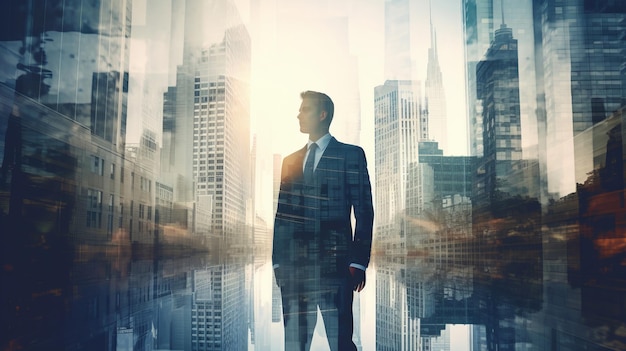 Double exposure concept with businessman and city AI Generated