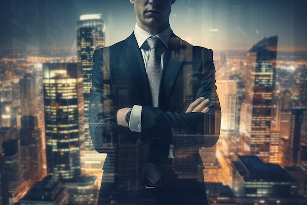 Double exposure of confident businessman on abstract city background