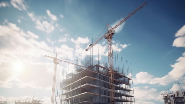 Double exposure of construction buildings cranes and buildings foggy sky background generated ai