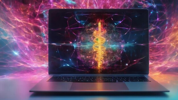 Photo double exposure of creative abstract medical hologram on laptop background healthcare technolody con
