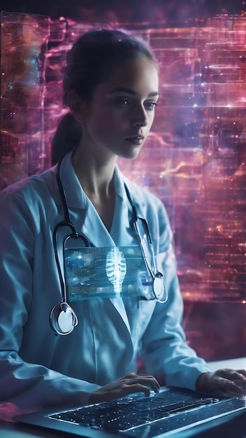 Photo double exposure of creative abstract medical hologram on laptop background healthcare technolody con