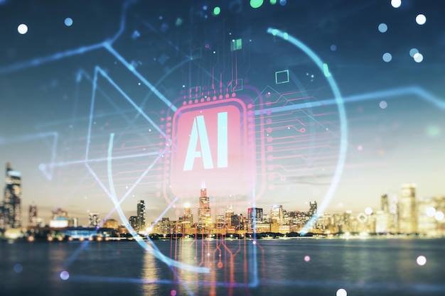 Double exposure of creative artificial Intelligence abbreviation hologram on Chicago office buildings background Future technology and AI concept