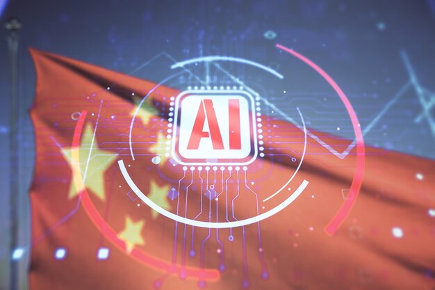 Photo double exposure of creative artificial intelligence abbreviation hologram on chinese flag and sunset sky background future technology and ai concept