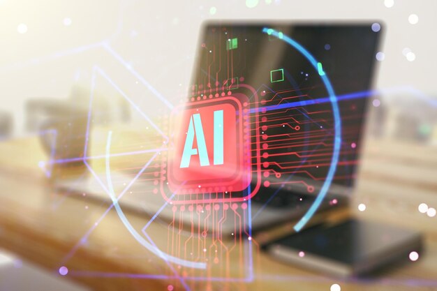 Double exposure of creative artificial Intelligence abbreviation and modern desk with computer on background Future technology and AI concept