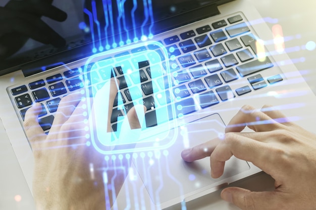 Photo double exposure of creative artificial intelligence icon with hands typing on laptop on background neural networks and machine learning concept