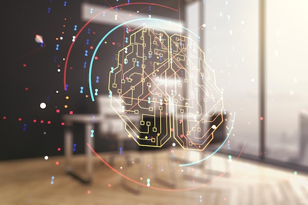 Double exposure of creative artificial Intelligence symbol and modern desktop with laptop on background Neural networks and machine learning concept