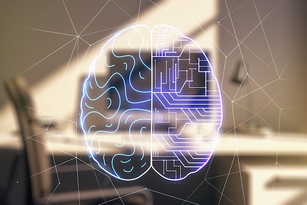創造的な人工知能のシンボルと、背景にラップトップを備えた最新のデスクトップの二重露出ニューラルネットワークと機械学習の概念