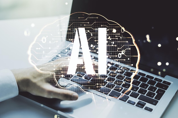 Foto doppia esposizione del simbolo di intelligenza artificiale creativa con le mani che digitano sul portatile sullo sfondo reti neurali e concetto di apprendimento automatico