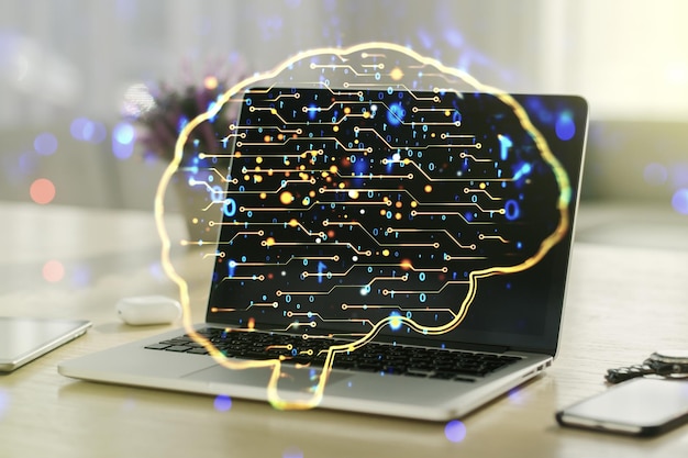 Foto doppia esposizione del simbolo dell'intelligenza artificiale creativa con laptop moderno sullo sfondo reti neurali e concetto di apprendimento automatico