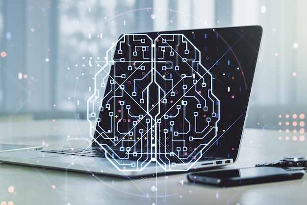 Двойная экспозиция творческого символа искусственного интеллекта с современным ноутбуком на заднем плане Нейронные сети и концепция машинного обучения