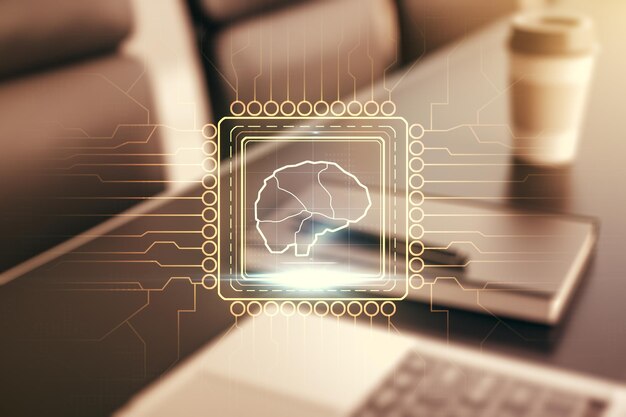 배경 신경망 및 기계 학습 개념에 현대적인 노트북이 있는 창의적인 인공 지능 기호의 이중 노출