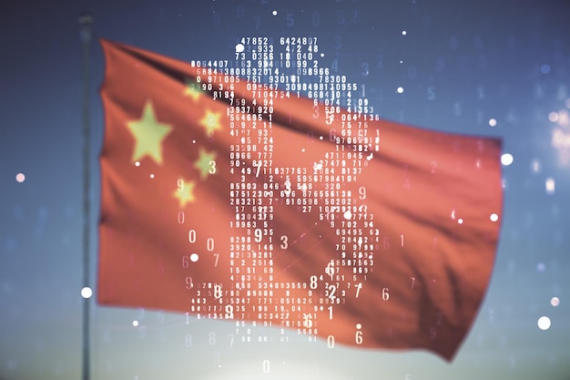 Double exposure of creative bitcoin symbol hologram on flag of\
china and sunset sky background cryptocurrency concept