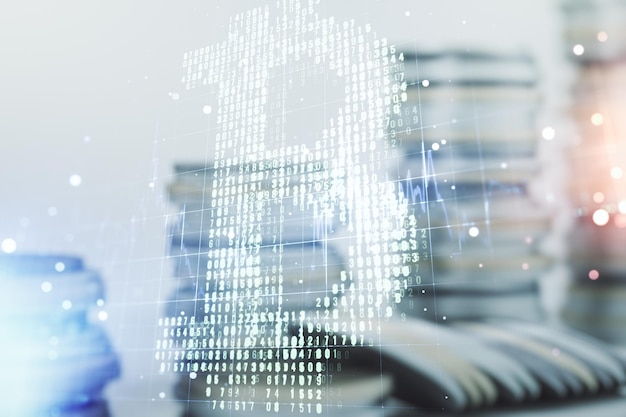 double exposure of creative bitcoin symbol hologram on growing coins stacks background mining and blockchain concept