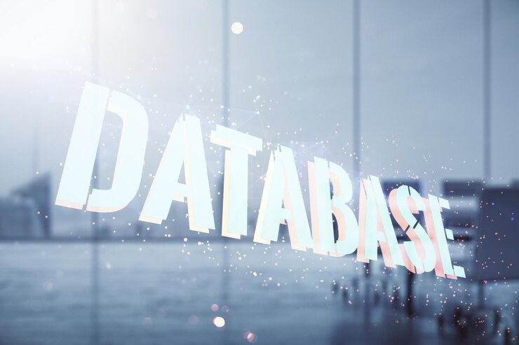 Photo double exposure of creative database word hologram on a modern meeting room background research and development concept