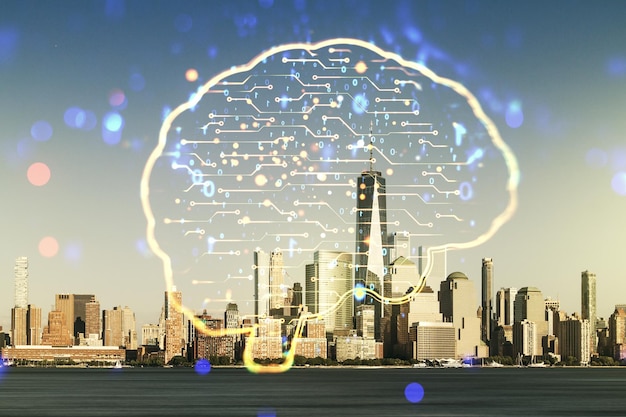 マンハッタンのオフィスビルの背景に創造的な人間の脳のマイクロ回路ホログラムの二重露光将来の技術とAIのコンセプト