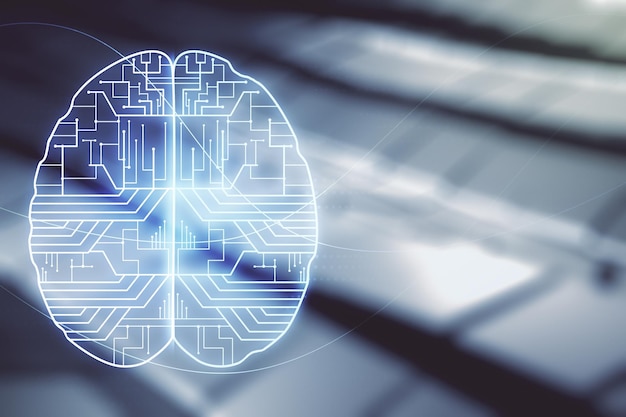Foto doppia esposizione di un ologramma creativo del microcircuito del cervello umano su uno sfondo metallico lucido tecnologia futura e concetto di ia