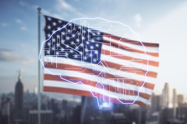 Double exposure of creative human brain microcircuit hologram on US flag and city background Future technology and AI concept