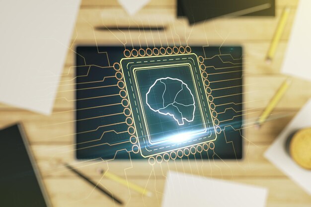 Foto doppia esposizione del microcircuito creativo del cervello umano e della moderna tavoletta digitale sullo sfondo tecnologia futura e concetto di intelligenza artificiale