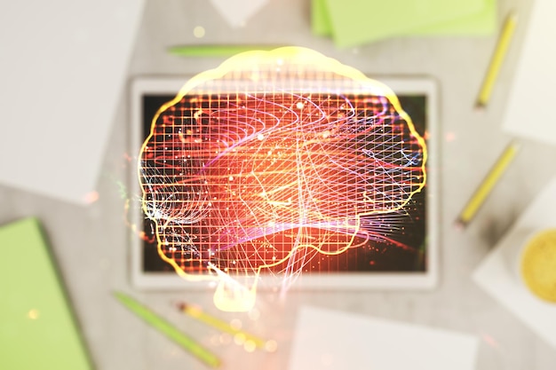 Двойная экспозиция творческой микросхемы человеческого мозга и современного цифрового планшета на фоне Будущая технология и концепция искусственного интеллекта