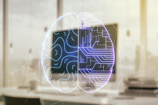 배경 미래 기술 및 AI 개념에 컴퓨터가 있는 창의적인 인간 뇌 미세 회로의 이중 노출