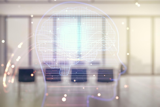 現代の会議室の背景に創造的な人間の頭のマイクロ回路ホログラムの二重露光将来の技術と AI の概念